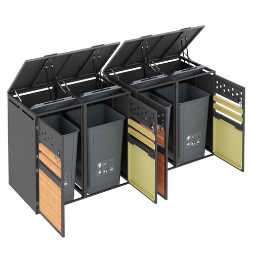 Armoire Cache-poubelles 4 Compartiments Avec Couvercle Hydraulique Et Portes Verrouillables Grise