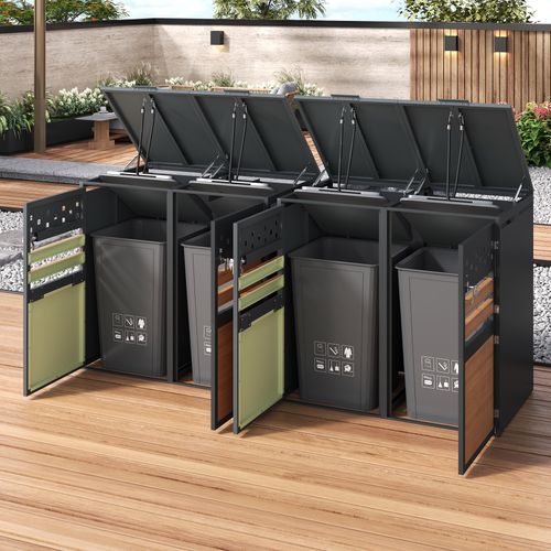 Armoire Cache-poubelles 4 Compartiments Avec Couvercle Hydraulique Et Portes Verrouillables Grise