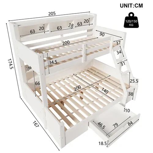 Lit Superposé 90x200 + 140x200 Cm Avec Rangements Blanc