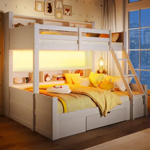 Lit Superposé 90x200 + 140x200 Cm Avec Rangements Blanc