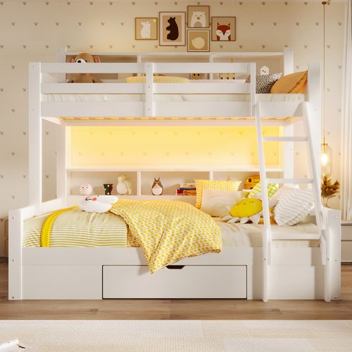 Lit Superposé 90x200 + 140x200 Cm Avec Rangements Blanc