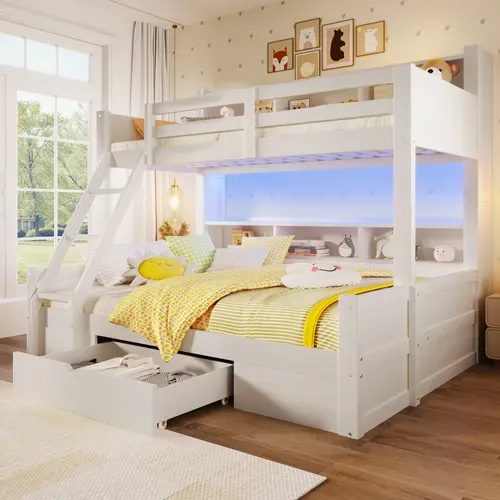 Lit Superposé 90x200 + 140x200 Cm Avec Rangements Blanc