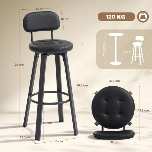 Lot De 2 Tabourets De Bar Noirs Pivotants 360° Avec Dossier Pour Cuisine