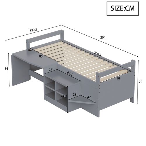 Lit Mezzanine 90x200 Cm Avec Bureau Intégré Gris