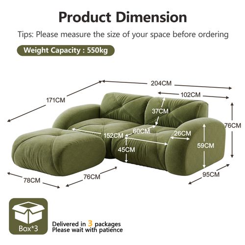 Canapé Compressé Modulaire Vert 2 Places Avec Pouf En Chenille Pour Salon