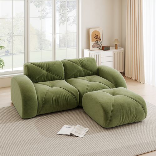 Canapé Compressé Modulaire Vert 2 Places Avec Pouf En Chenille Pour Salon