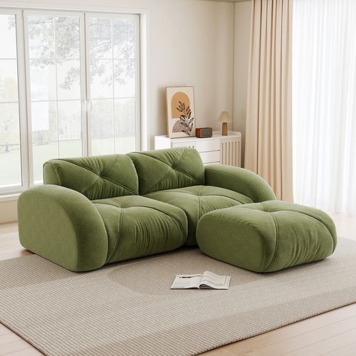Canapé Compressé Modulaire Vert 2 Places Avec Pouf En Chenille Pour Salon
