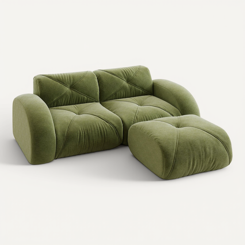 Canapé Compressé Modulaire Vert 2 Places Avec Pouf En Chenille Pour Salon