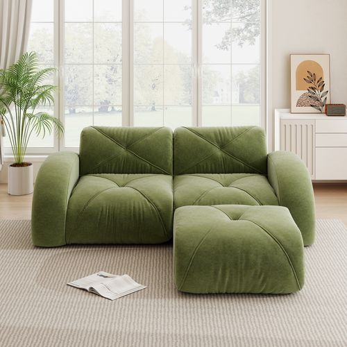 Canapé Compressé Modulaire Vert 2 Places Avec Pouf En Chenille Pour Salon