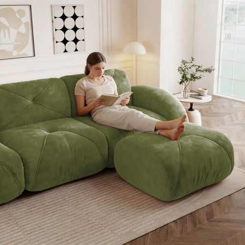 Canapé Compressé Modulaire Vert 2 Places Avec Pouf En Chenille Pour Salon