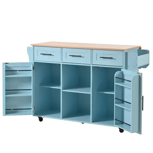 Desserte De Cuisine Bleue Décor Bois 139 X 46(71) X 91,5 Cm Avec Plateau Rabattable