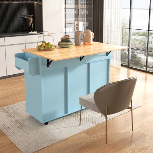 Desserte De Cuisine Bleue Décor Bois 139 X 46(71) X 91,5 Cm Avec Plateau Rabattable