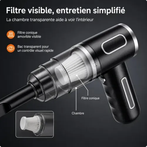 Aspirateur à main sans fil HEPA rechargeable USB 29000Pa pour voiture, maison et bureau