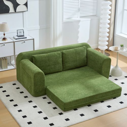 Canapé de Sol Convertible 2-en-1 Vert Army en Velours – Assise et Couchage Sans Montage