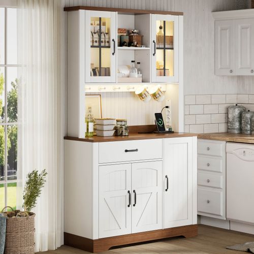 Buffet De Cuisine Naturel Et Blanc 105 X 40 X 185 Cm Avec LED Et Prises