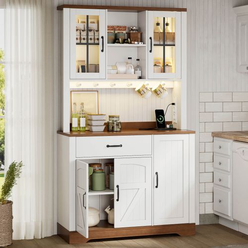 Buffet De Cuisine Naturel Et Blanc 105 X 40 X 185 Cm Avec LED Et Prises