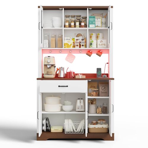 Buffet De Cuisine Naturel Et Blanc 105 X 40 X 185 Cm Avec LED Et Prises