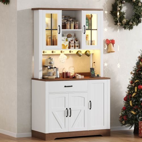 Buffet De Cuisine Naturel Et Blanc 105 X 40 X 185 Cm Avec LED Et Prises