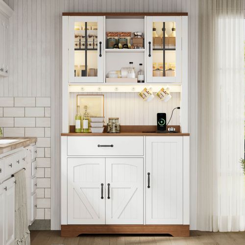 Buffet De Cuisine Naturel Et Blanc 105 X 40 X 185 Cm Avec LED Et Prises