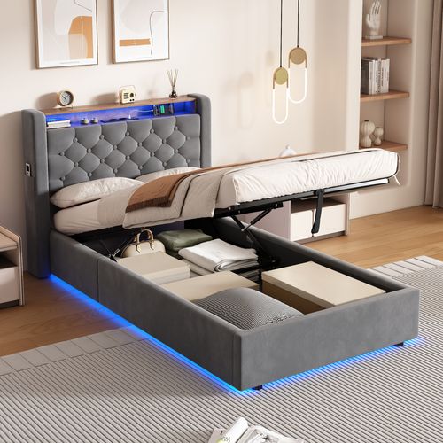 Lit Simple 90×200 Gris Avec LED, Prise USB, Rangement Tête De Lit Et Espace De Stockage Inférieur