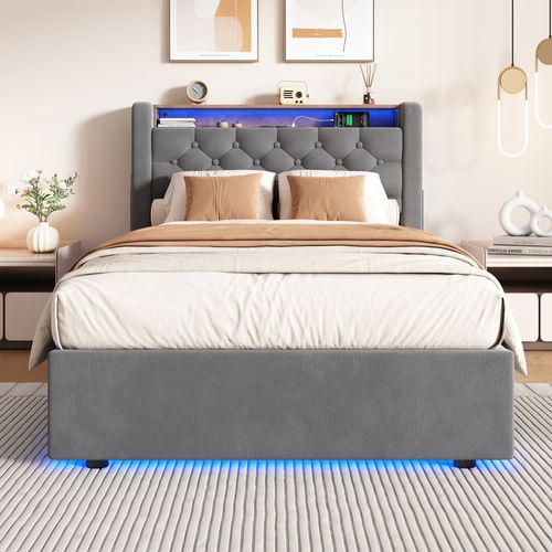 Lit Simple 90×200 Gris Avec LED, Prise USB, Rangement Tête De Lit Et Espace De Stockage Inférieur