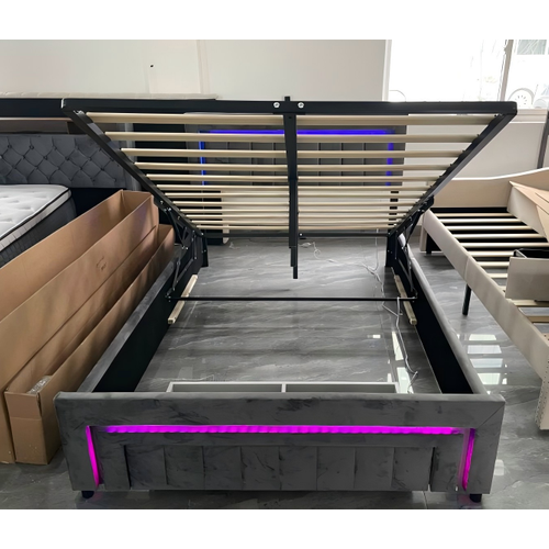 Lit Simple 90×200 Gris Avec LED, Prise USB, Rangement Tête De Lit Et Espace De Stockage Inférieur