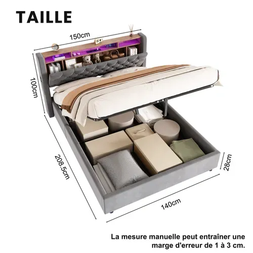 Lit coffre 140×190 Gris Avec LED, Prises USB, Rangements Tête De Lit Et Grand Espace De Stockage