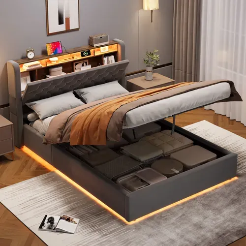 Lit coffre 140×190 Gris Avec LED, Prises USB, Rangements Tête De Lit Et Grand Espace De Stockage