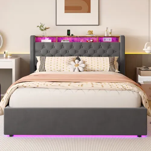 Lit coffre 140×190 Gris Avec LED, Prises USB, Rangements Tête De Lit Et Grand Espace De Stockage