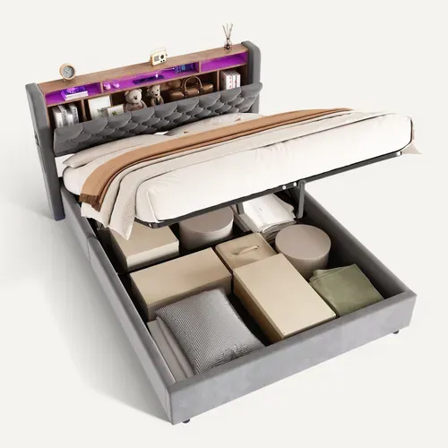 Lit coffre 140×190 Gris Avec LED, Prises USB, Rangements Tête De Lit Et Grand Espace De Stockage