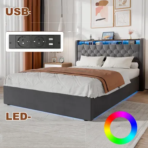 Lit coffre 140×190 Gris Avec LED, Prises USB, Rangements Tête De Lit Et Grand Espace De Stockage