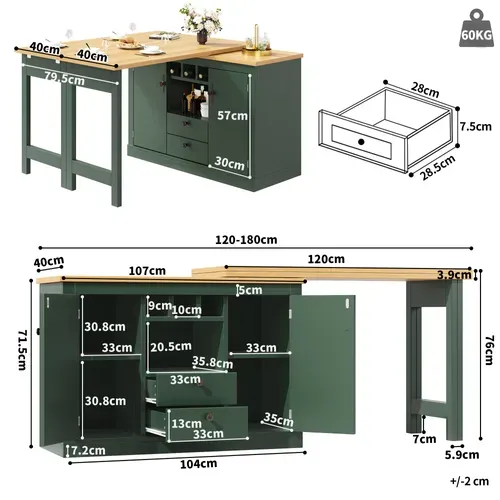 Table Bar Extensible Vert Antique 120-180 Cm Avec Rangement Pour Salle à Manger