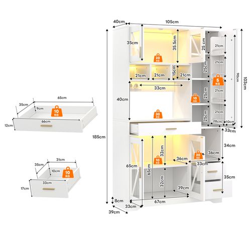 Buffet De Cuisine Blanc 185 X 105 X 40 Cm Avec LED, Rangements Et Prises