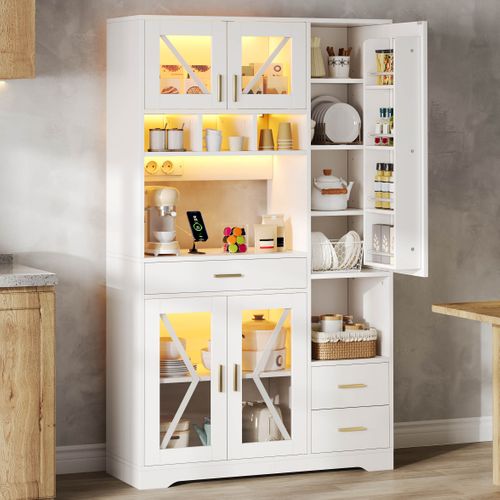Buffet De Cuisine Blanc 185 X 105 X 40 Cm Avec LED, Rangements Et Prises