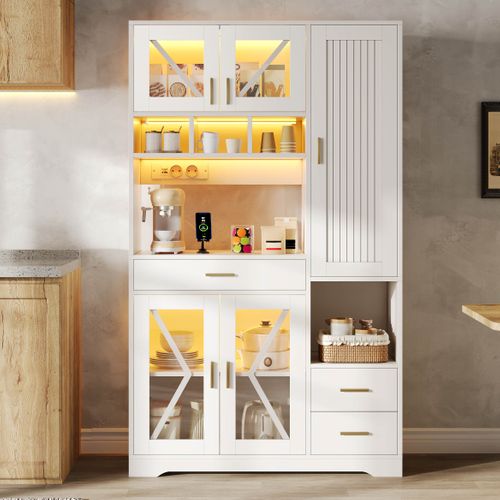 Buffet De Cuisine Blanc 185 X 105 X 40 Cm Avec LED, Rangements Et Prises