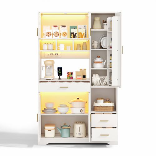 Buffet De Cuisine Blanc 185 X 105 X 40 Cm Avec LED, Rangements Et Prises
