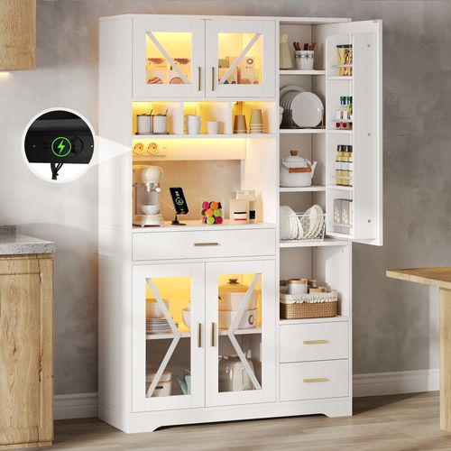 Buffet De Cuisine Blanc 185 X 105 X 40 Cm Avec LED, Rangements Et Prises