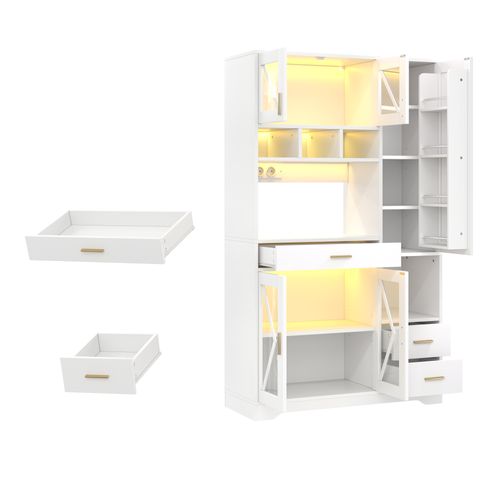 Buffet De Cuisine Blanc 185 X 105 X 40 Cm Avec LED, Rangements Et Prises