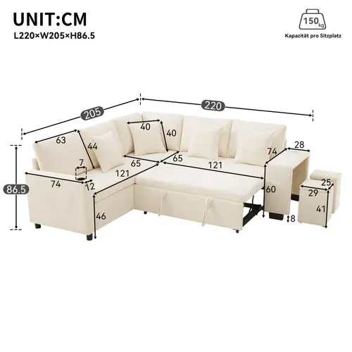 Canapé D'angle Convertible Beige 220 X 205 Cm Avec Méridienne Réversible