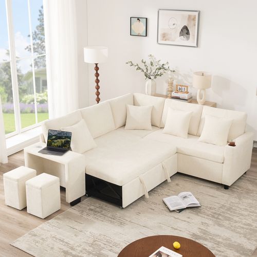 Canapé D'angle Convertible Beige 220 X 205 Cm Avec Méridienne Réversible