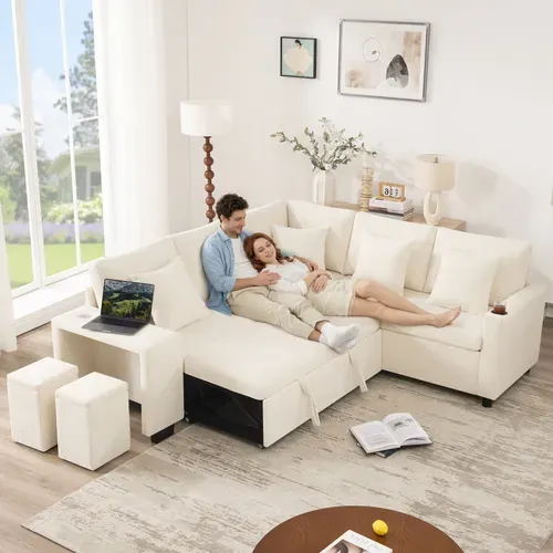Canapé D'angle Convertible Beige 220 X 205 Cm Avec Méridienne Réversible