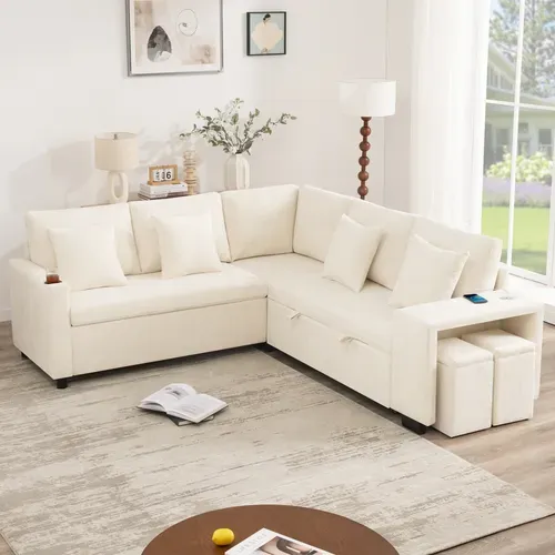 Canapé D'angle Convertible Beige 220 X 205 Cm Avec Méridienne Réversible