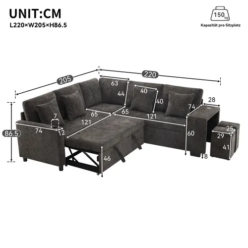 Canapé D'angle Convertible Gris 220 X 205 Cm Avec Méridienne Réversible