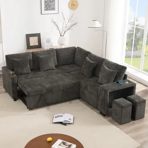 Canapé D'angle Convertible Gris 220 X 205 Cm Avec Méridienne Réversible
