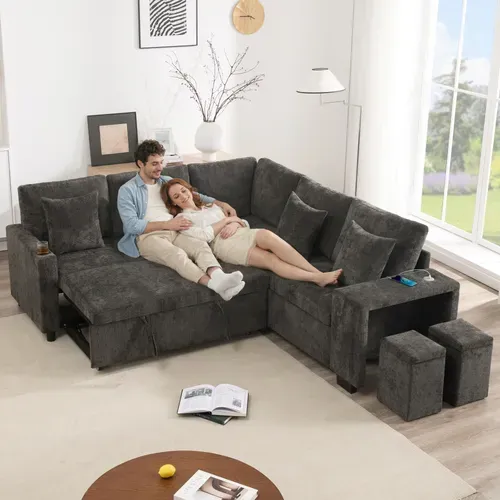 Canapé D'angle Convertible Gris 220 X 205 Cm Avec Méridienne Réversible