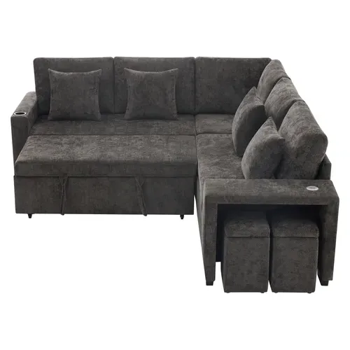 Canapé D'angle Convertible Gris 220 X 205 Cm Avec Méridienne Réversible