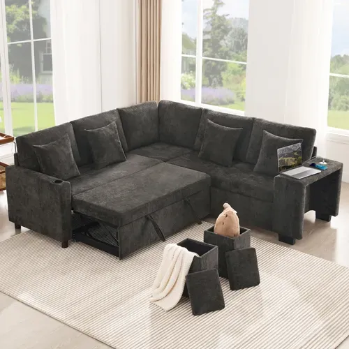 Canapé D'angle Convertible Gris 220 X 205 Cm Avec Méridienne Réversible