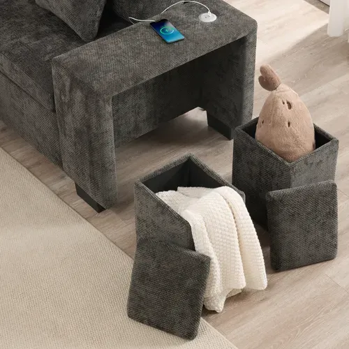 Canapé D'angle Convertible Gris 220 X 205 Cm Avec Méridienne Réversible