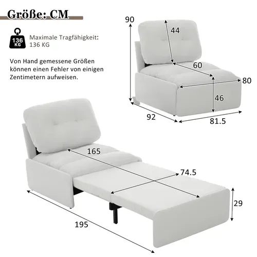 Fauteuil Convertible Blanc 2-en-1 81,5 X 195 Cm Pour Petit Espace