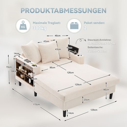 Méridienne En Velours Côtelé Beige 129 X 170 Cm Avec Rangement